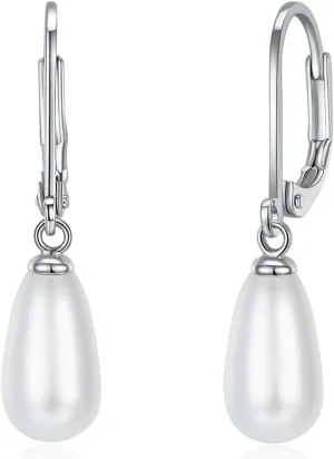 14K Gold | White Gold Plated Sterling Silver Hoop, AAA  Quality Simulated Shell Pearl Leverback Dangle Stud Pearl Earrings | Silver Earings, Gold Earrings For Women | Oval and Teardrop Pearl