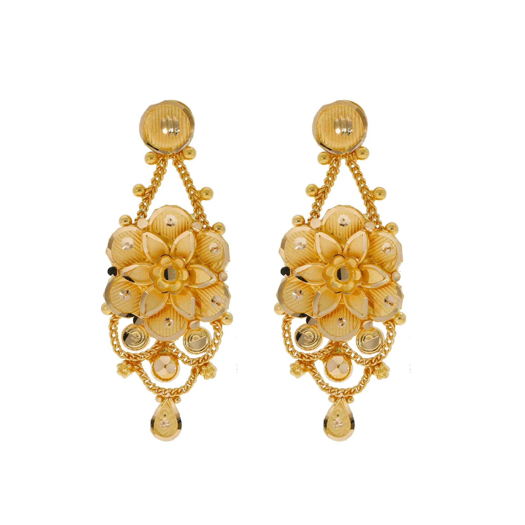 22K Yellow Gold Necklace & Earrings Set W/ Laser-Etched Faceted Floral Design
