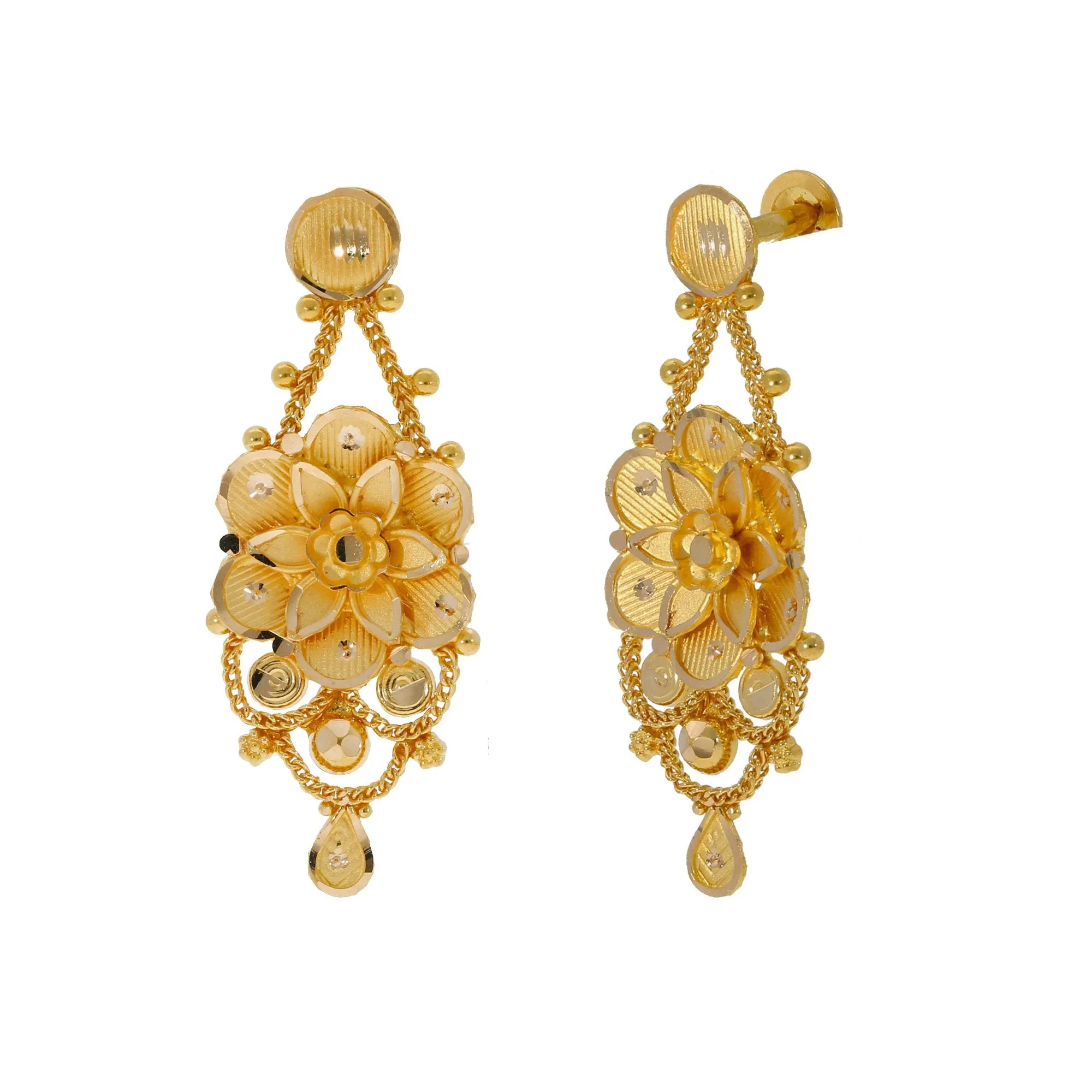 22K Yellow Gold Necklace & Earrings Set W/ Laser-Etched Faceted Floral Design