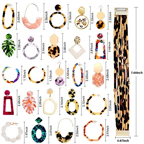 25 Pairs Mottled Hoop Acrylic Earrings Set for Women Girls Summer Fashion Resin Statement Drop Dangle Earrings Geometric Boho Fun Costume Jewelry with Leopard Bracelets