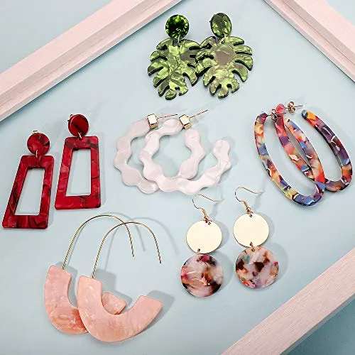 25 Pairs Mottled Hoop Acrylic Earrings Set for Women Girls Summer Fashion Resin Statement Drop Dangle Earrings Geometric Boho Fun Costume Jewelry with Leopard Bracelets