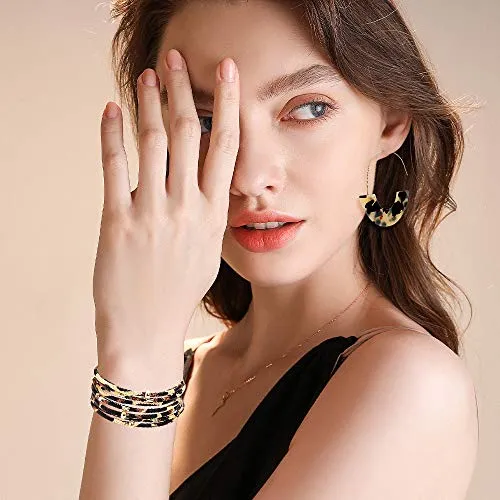 25 Pairs Mottled Hoop Acrylic Earrings Set for Women Girls Summer Fashion Resin Statement Drop Dangle Earrings Geometric Boho Fun Costume Jewelry with Leopard Bracelets