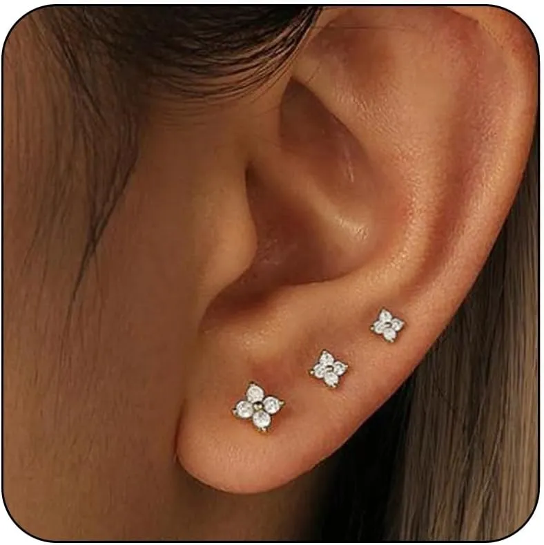 3 Pairs 14K Gold Stud Earring Sets for Women Dainty 925 Sterling Silver Earrings for Multiple Piercing Tiny Cartilage Tragus Cute Trendy Post Earrings Stacks Jewelry Gifts