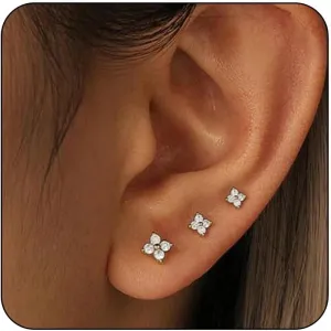 3 Pairs 14K Gold Stud Earring Sets for Women Dainty 925 Sterling Silver Earrings for Multiple Piercing Tiny Cartilage Tragus Cute Trendy Post Earrings Stacks Jewelry Gifts