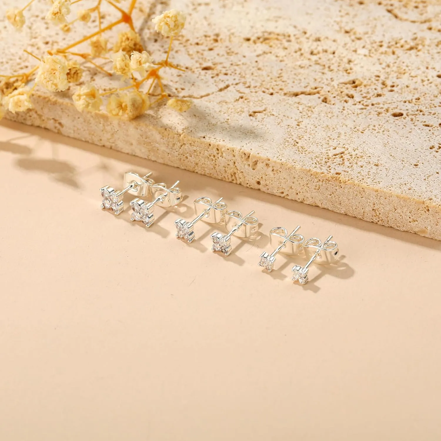 3 Pairs 14K Gold Stud Earring Sets for Women Dainty 925 Sterling Silver Earrings for Multiple Piercing Tiny Cartilage Tragus Cute Trendy Post Earrings Stacks Jewelry Gifts