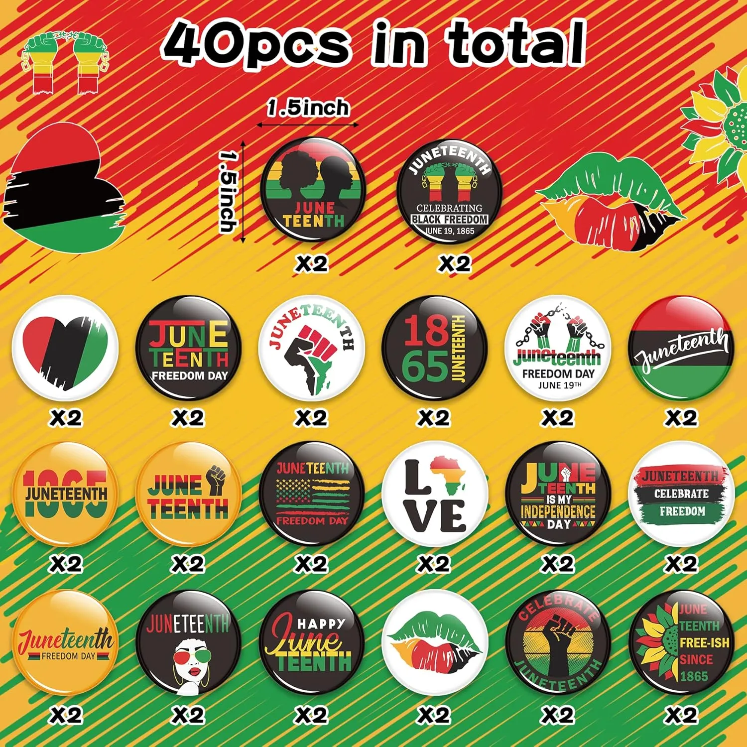 40/100/200Pcs Juneteenth Button Pins - Juneteenth Freedom Day Round Badges Celebrate Black Freedom Pinback Free-ish Since 1865 Black History Activity Supplies Decor for Clothe Bag Accessories