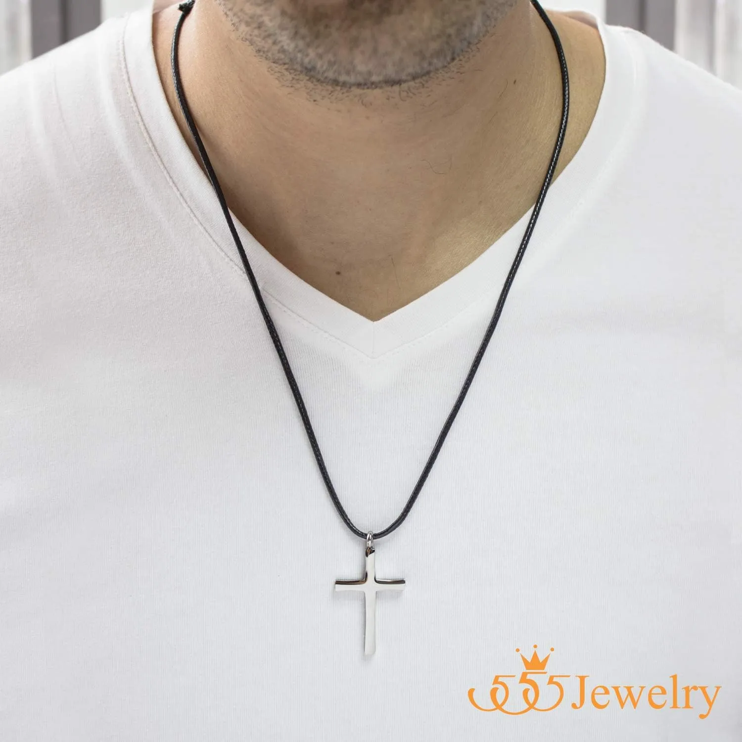 555Jewelry Stainless Steel Cross Necklace for Men - Cross Pendant with 18 Inch Adjustable Black Rope Cord - Mens Cross Necklaces