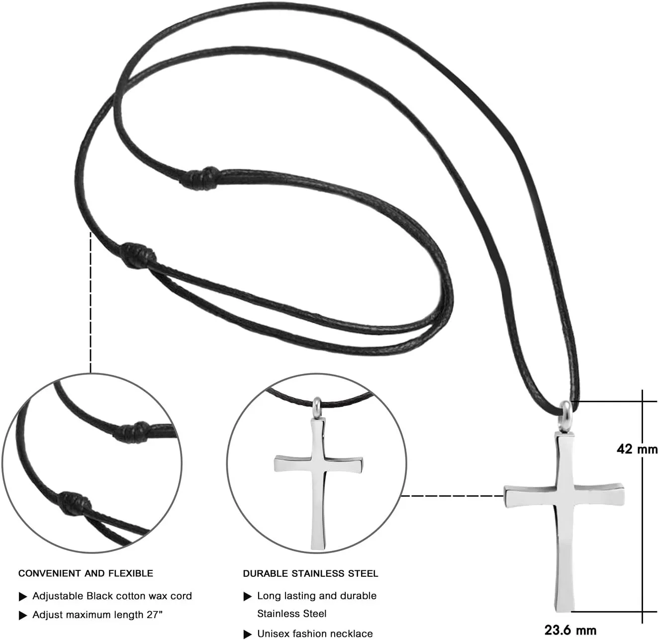 555Jewelry Stainless Steel Cross Necklace for Men - Cross Pendant with 18 Inch Adjustable Black Rope Cord - Mens Cross Necklaces