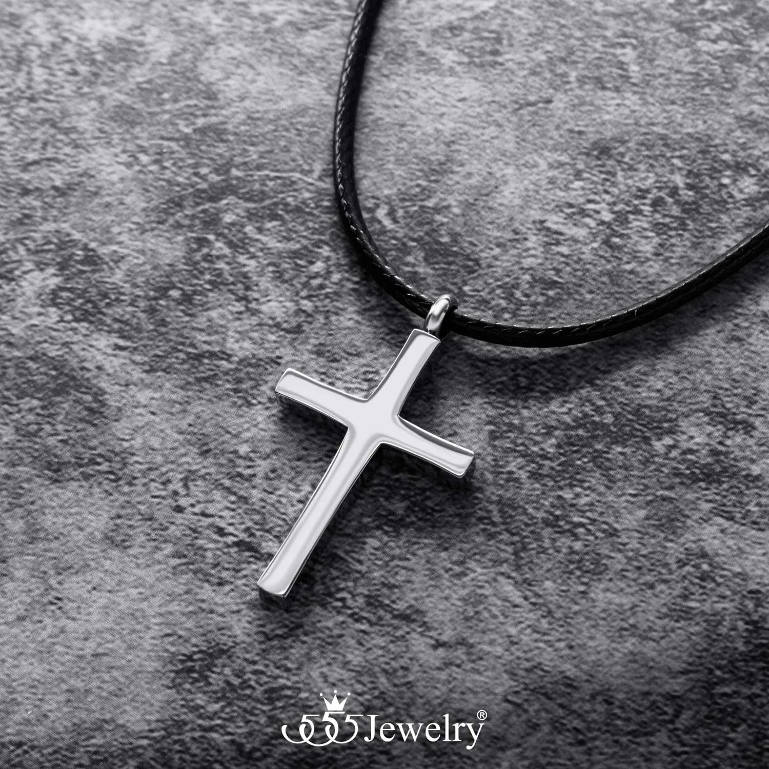 555Jewelry Stainless Steel Cross Necklace for Men - Cross Pendant with 18 Inch Adjustable Black Rope Cord - Mens Cross Necklaces