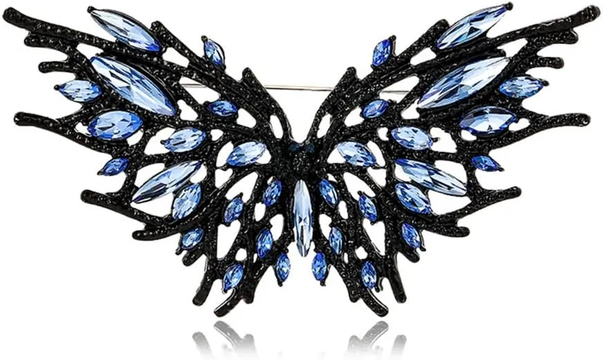 Antique Rhinestone Butterfly Brooch Pin for Women Girls Vintage Big Blue Crystal Black Wings Insect Animal Brooches Lapel Pins Delicate Retro Hat Dress Accessories Unisex Halloween 80s 90s Party Jewelry Gift