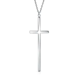 Bling Jewelry Modern Elongated Simple Basic Long Flat Thin Delicate Religious Latin Cross Pendant Necklace for Women Teen Rose Gold Plated 925 Sterling Silver