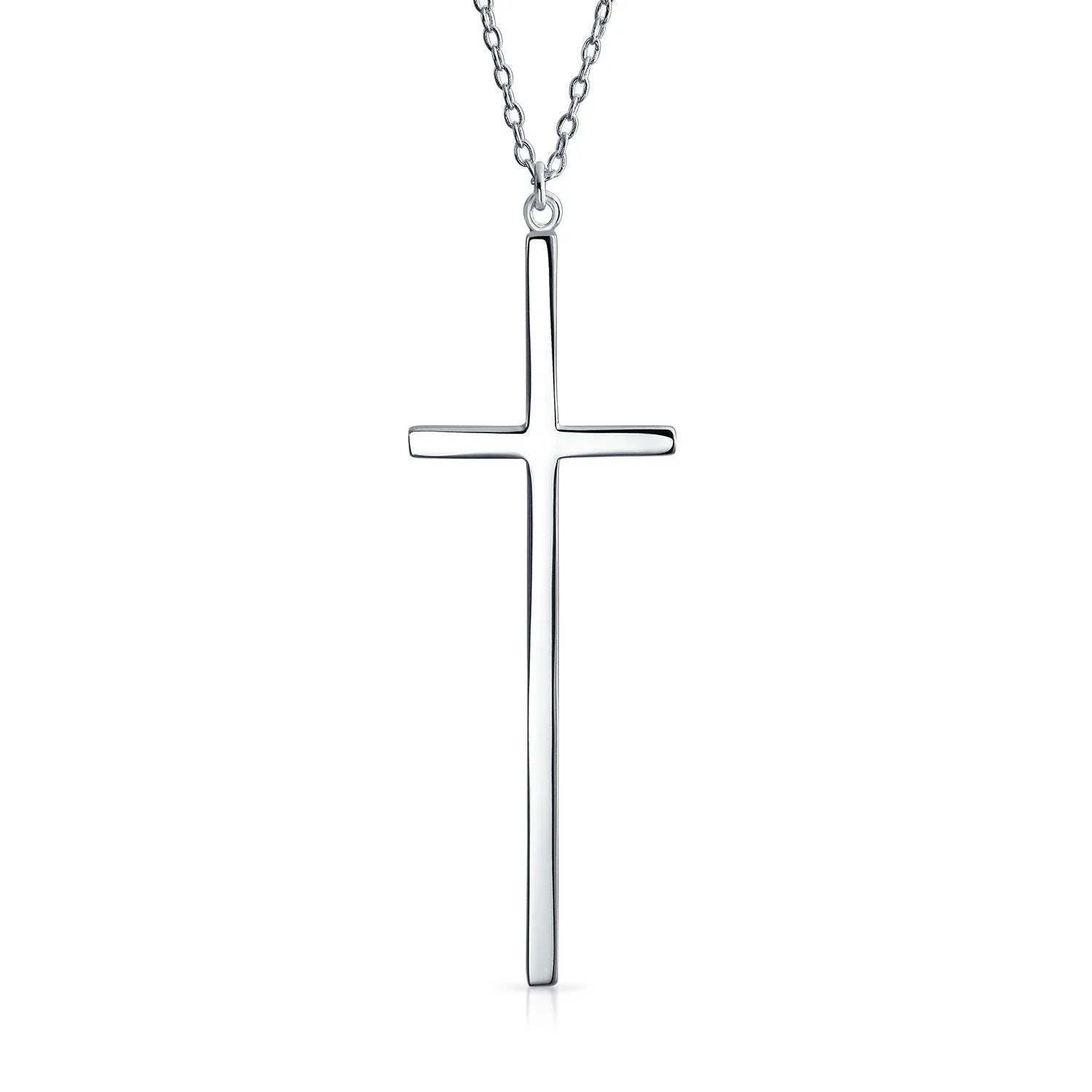 Bling Jewelry Modern Elongated Simple Basic Long Flat Thin Delicate Religious Latin Cross Pendant Necklace for Women Teen Rose Gold Plated 925 Sterling Silver