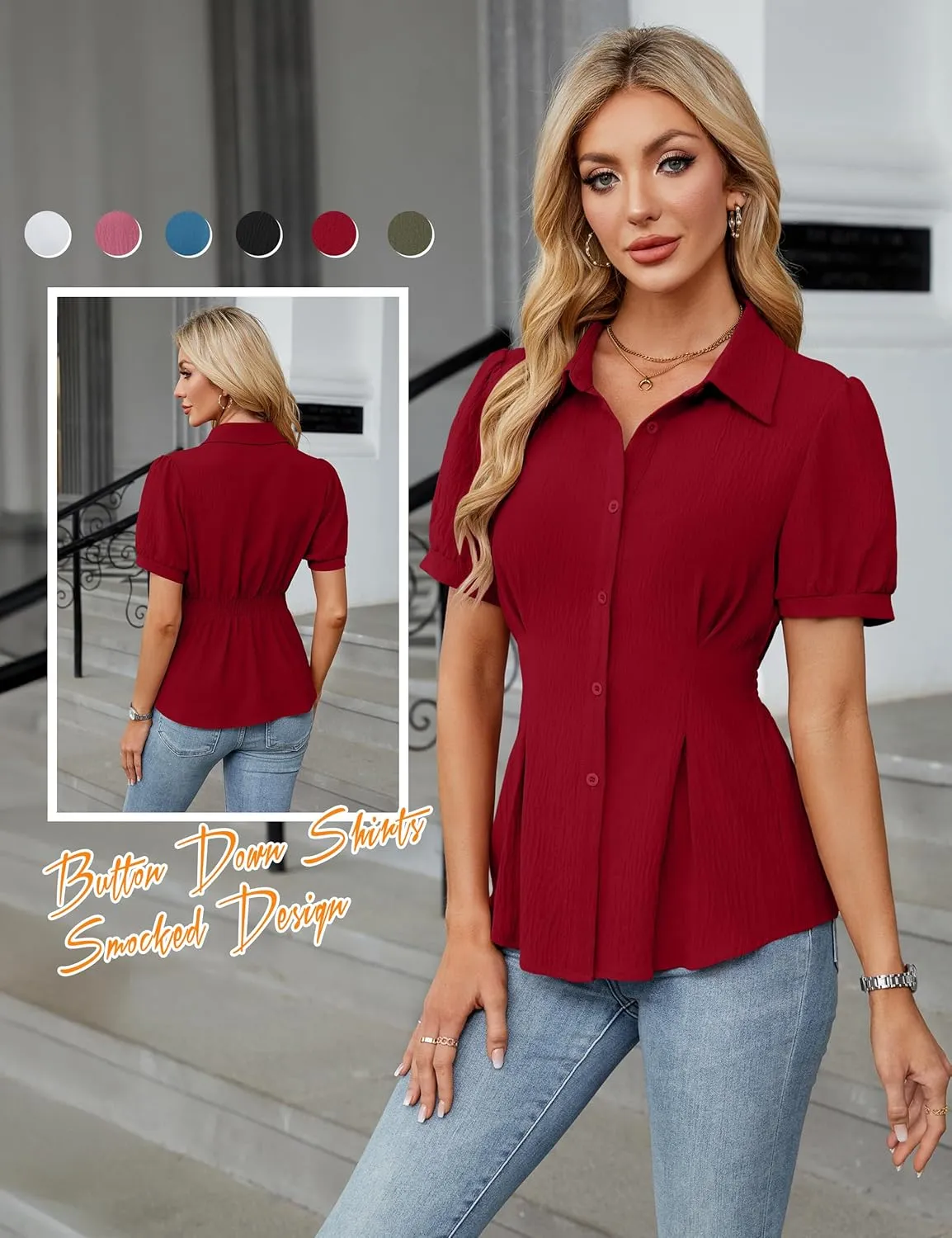 Blooming Jelly Womens Business Casual Tops Button Down Shirts Dressy Smocked Peplum Blouses Trendy Summer Outfits 2025