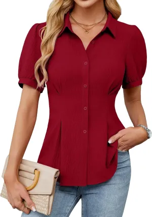 Blooming Jelly Womens Business Casual Tops Button Down Shirts Dressy Smocked Peplum Blouses Trendy Summer Outfits 2025