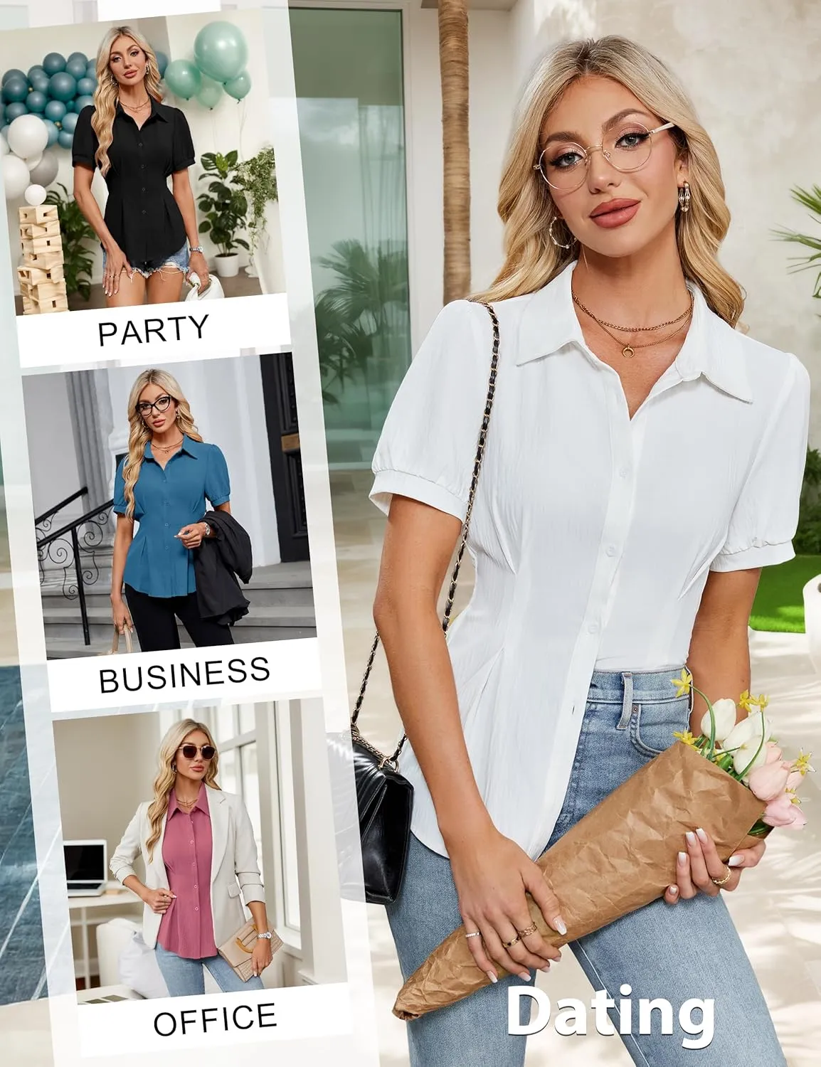 Blooming Jelly Womens Business Casual Tops Button Down Shirts Dressy Smocked Peplum Blouses Trendy Summer Outfits 2025