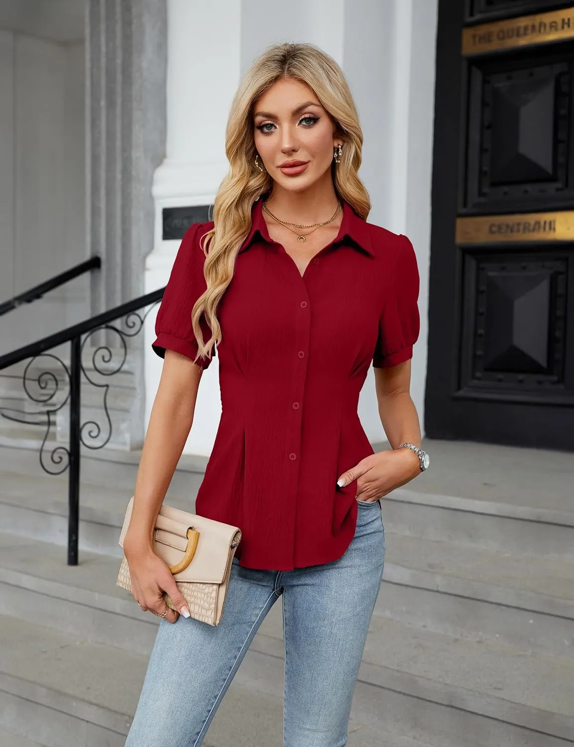 Blooming Jelly Womens Business Casual Tops Button Down Shirts Dressy Smocked Peplum Blouses Trendy Summer Outfits 2025