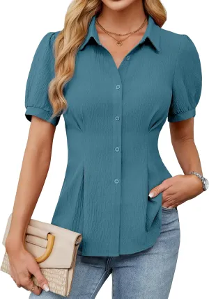 Blooming Jelly Womens Business Casual Tops Button Down Shirts Dressy Smocked Peplum Blouses Trendy Summer Outfits 2025