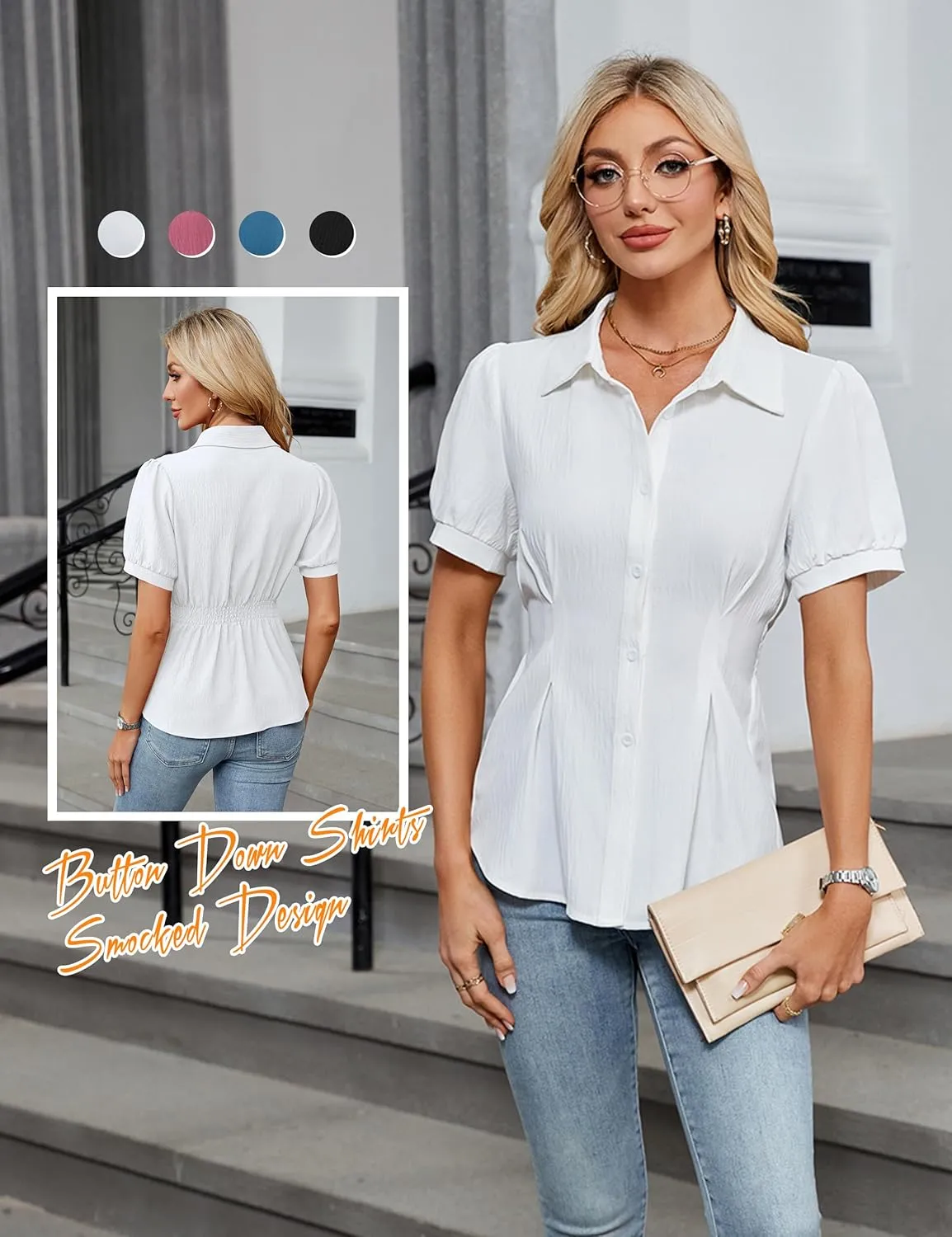 Blooming Jelly Womens Business Casual Tops Button Down Shirts Dressy Smocked Peplum Blouses Trendy Summer Outfits 2025