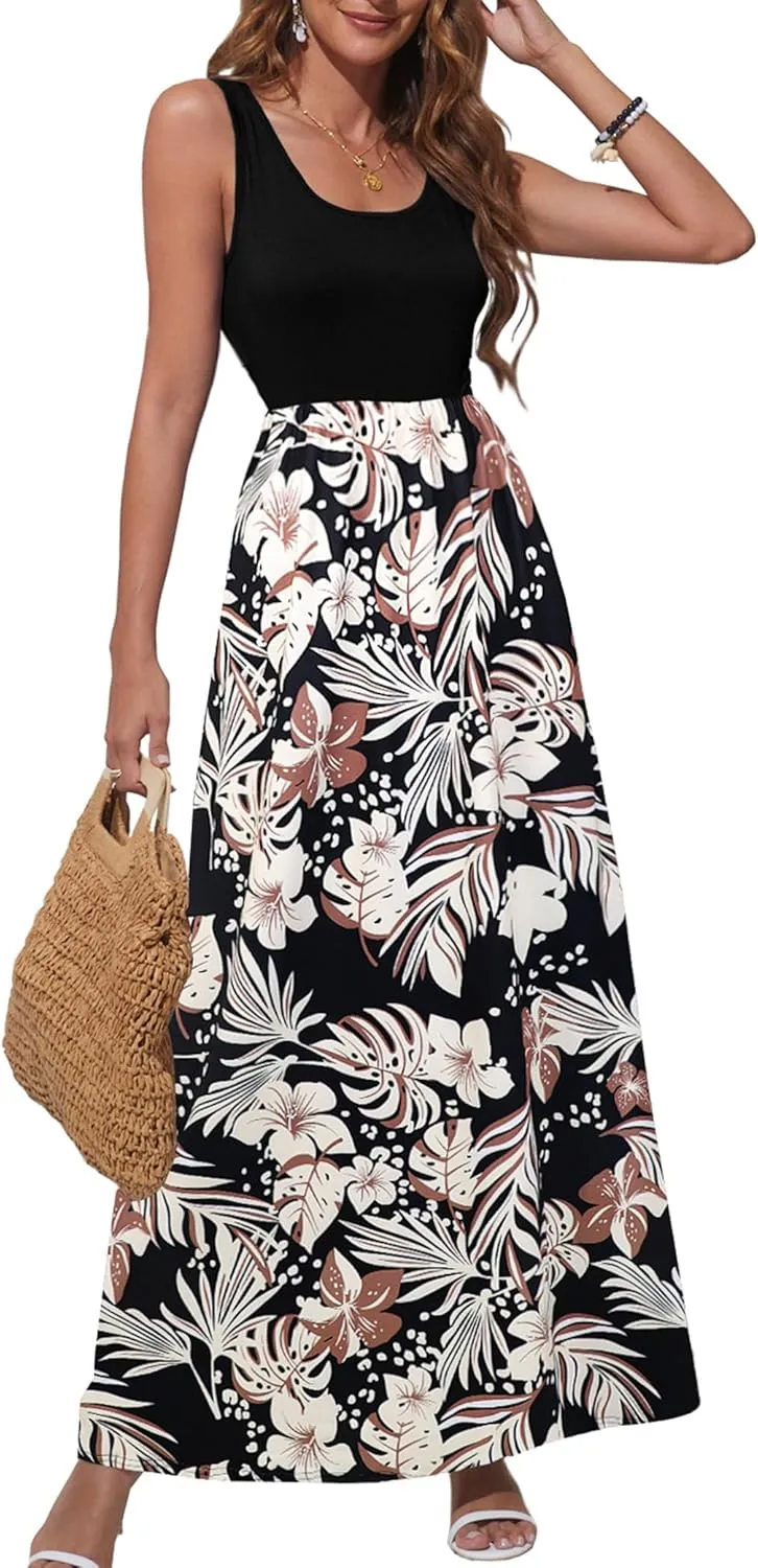 Bluetime Women's Summer Boho Sleeveless Floral Print Tank Long Maxi Dress (S-3XL)