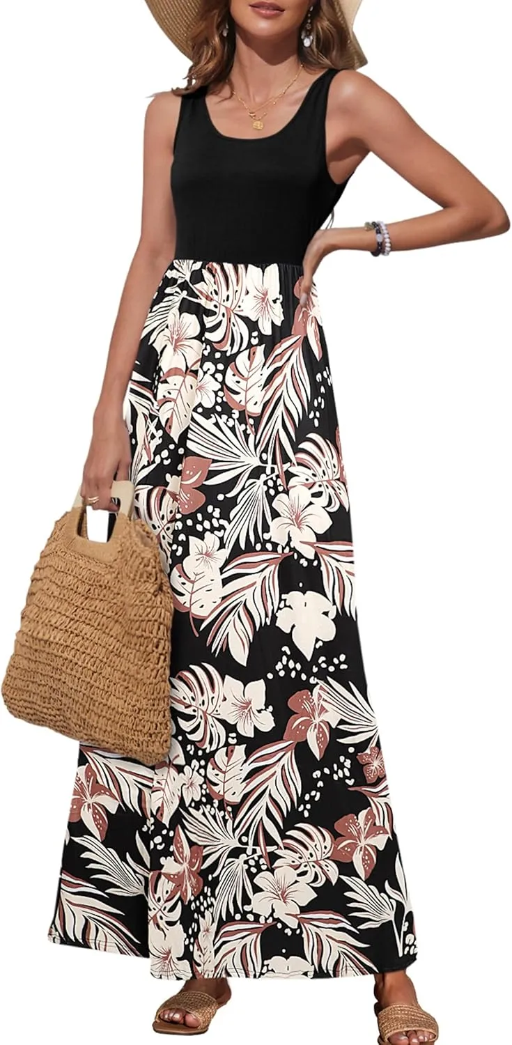 Bluetime Women's Summer Boho Sleeveless Floral Print Tank Long Maxi Dress (S-3XL)
