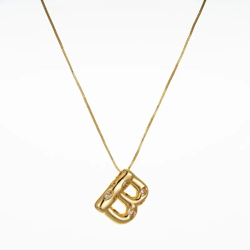 Bubble Initial Hammered CZ Pendant Necklace Gold