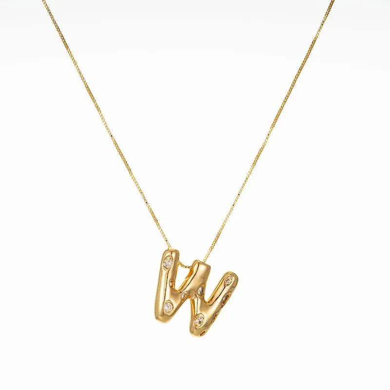 Bubble Initial Hammered CZ Pendant Necklace Gold