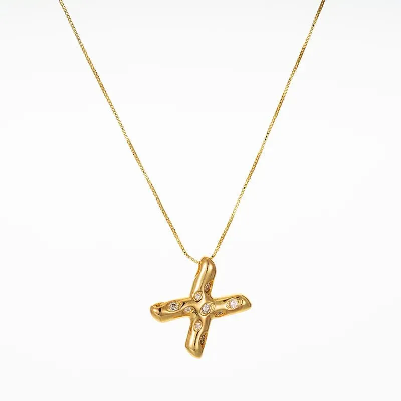 Bubble Initial Hammered CZ Pendant Necklace Gold