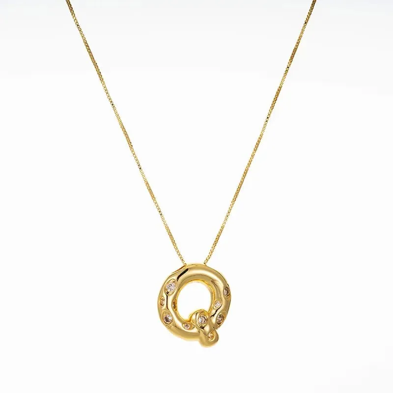 Bubble Initial Hammered CZ Pendant Necklace Gold
