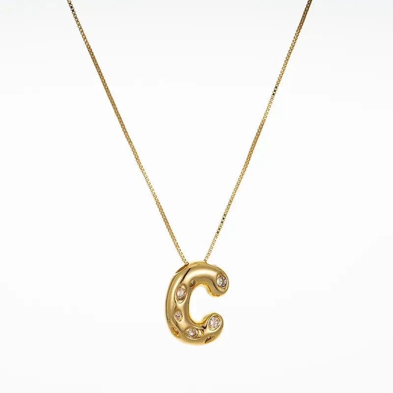 Bubble Initial Hammered CZ Pendant Necklace Gold