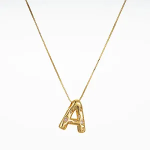 Bubble Initial Hammered CZ Pendant Necklace Gold