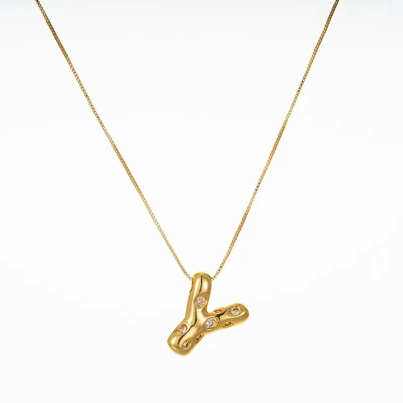 Bubble Initial Hammered CZ Pendant Necklace Gold
