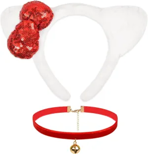 Cat Ears Headband Set with Cute Red Bow & Bell Necklace, White Cat Ears Headband Gift for Girls, Halloween Party Cosplay Accessories