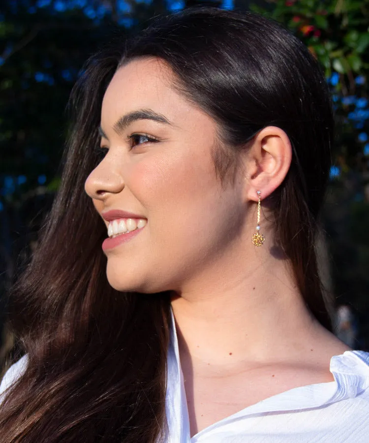 Chrysanthemum Drop Japanese Earrings With Pearl Beads