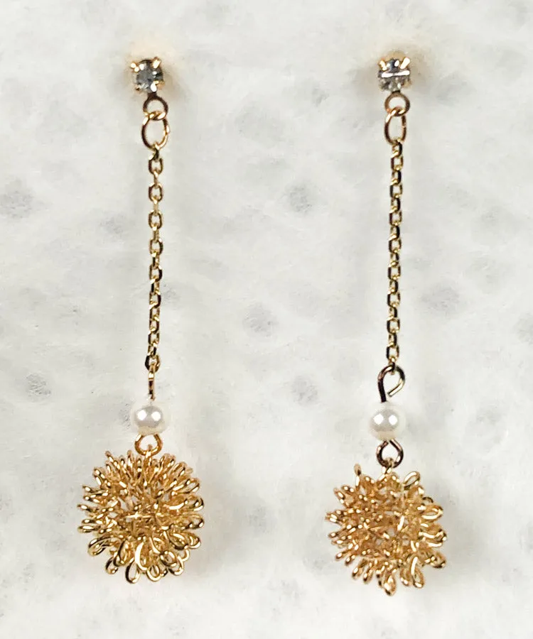 Chrysanthemum Drop Japanese Earrings With Pearl Beads
