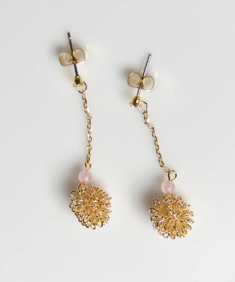 Chrysanthemum Drop Japanese Earrings With Pearl Beads