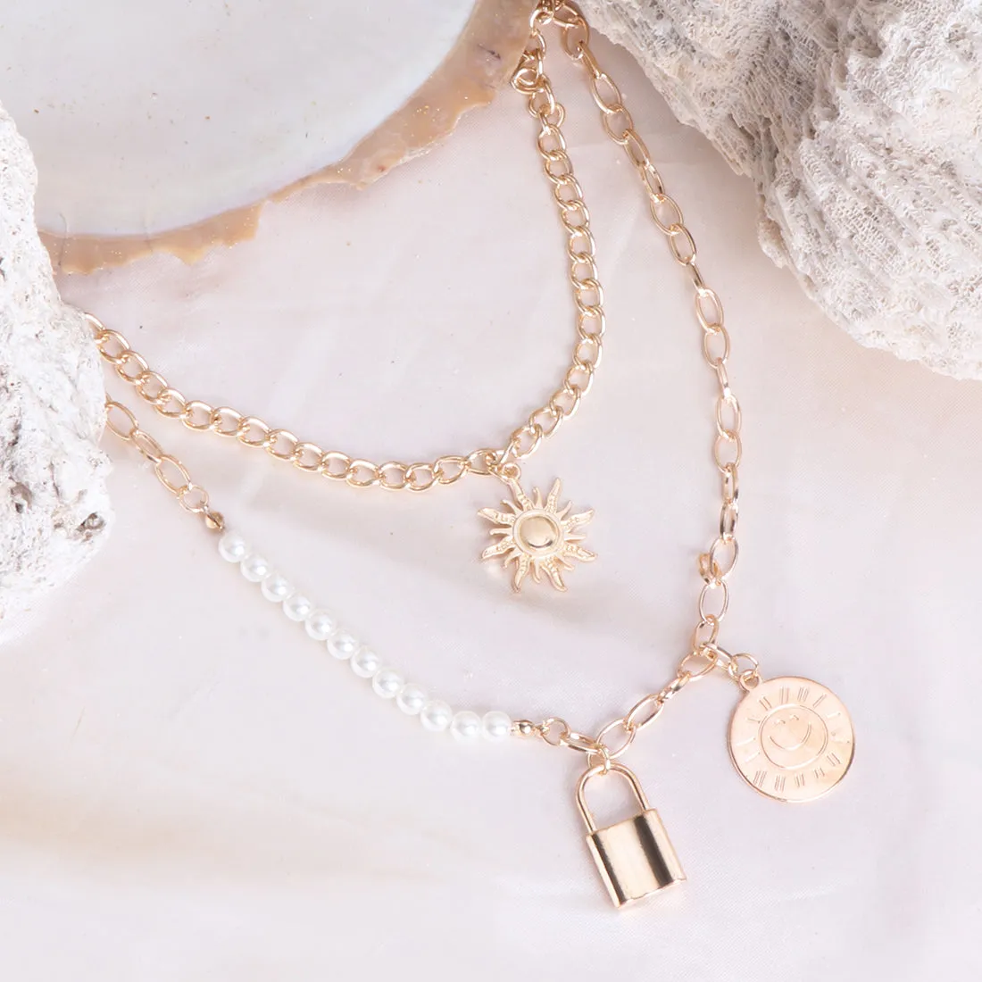 CHUNKY COIN & LOCK PENDANT CHAIN-LINK STATEMENT GOLD-TONED LAYERED NECKLACE
