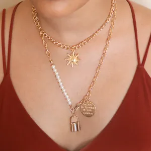 CHUNKY COIN & LOCK PENDANT CHAIN-LINK STATEMENT GOLD-TONED LAYERED NECKLACE