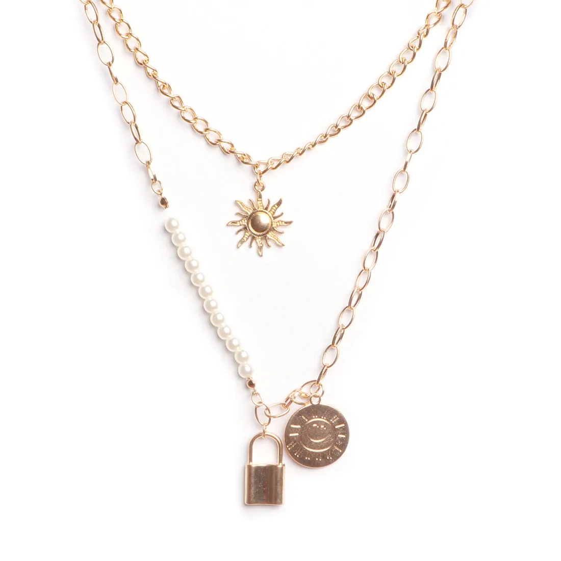 CHUNKY COIN & LOCK PENDANT CHAIN-LINK STATEMENT GOLD-TONED LAYERED NECKLACE