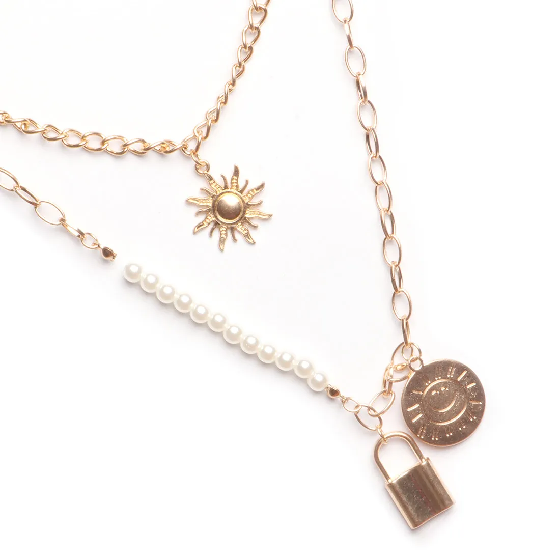 CHUNKY COIN & LOCK PENDANT CHAIN-LINK STATEMENT GOLD-TONED LAYERED NECKLACE