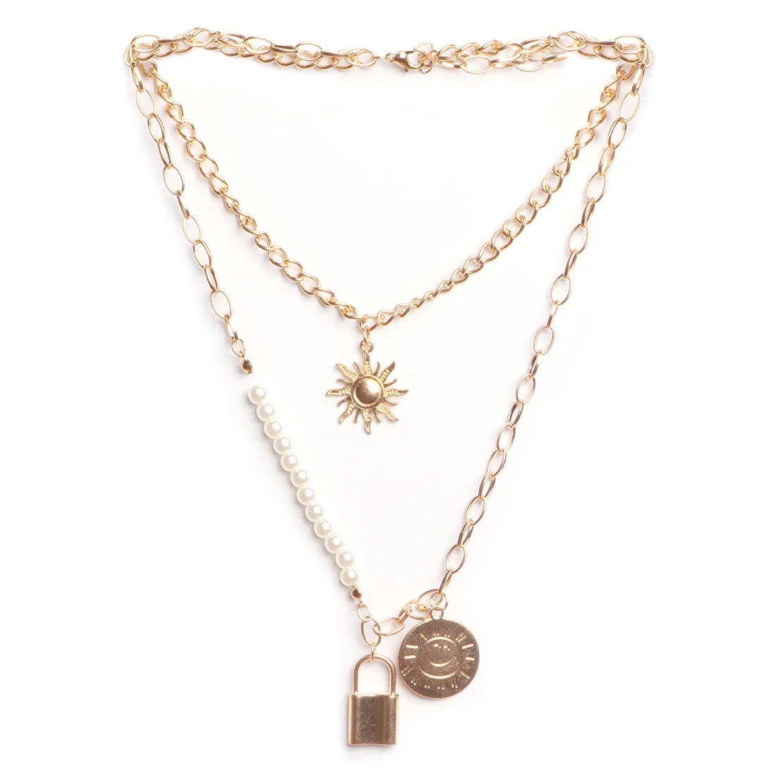 CHUNKY COIN & LOCK PENDANT CHAIN-LINK STATEMENT GOLD-TONED LAYERED NECKLACE