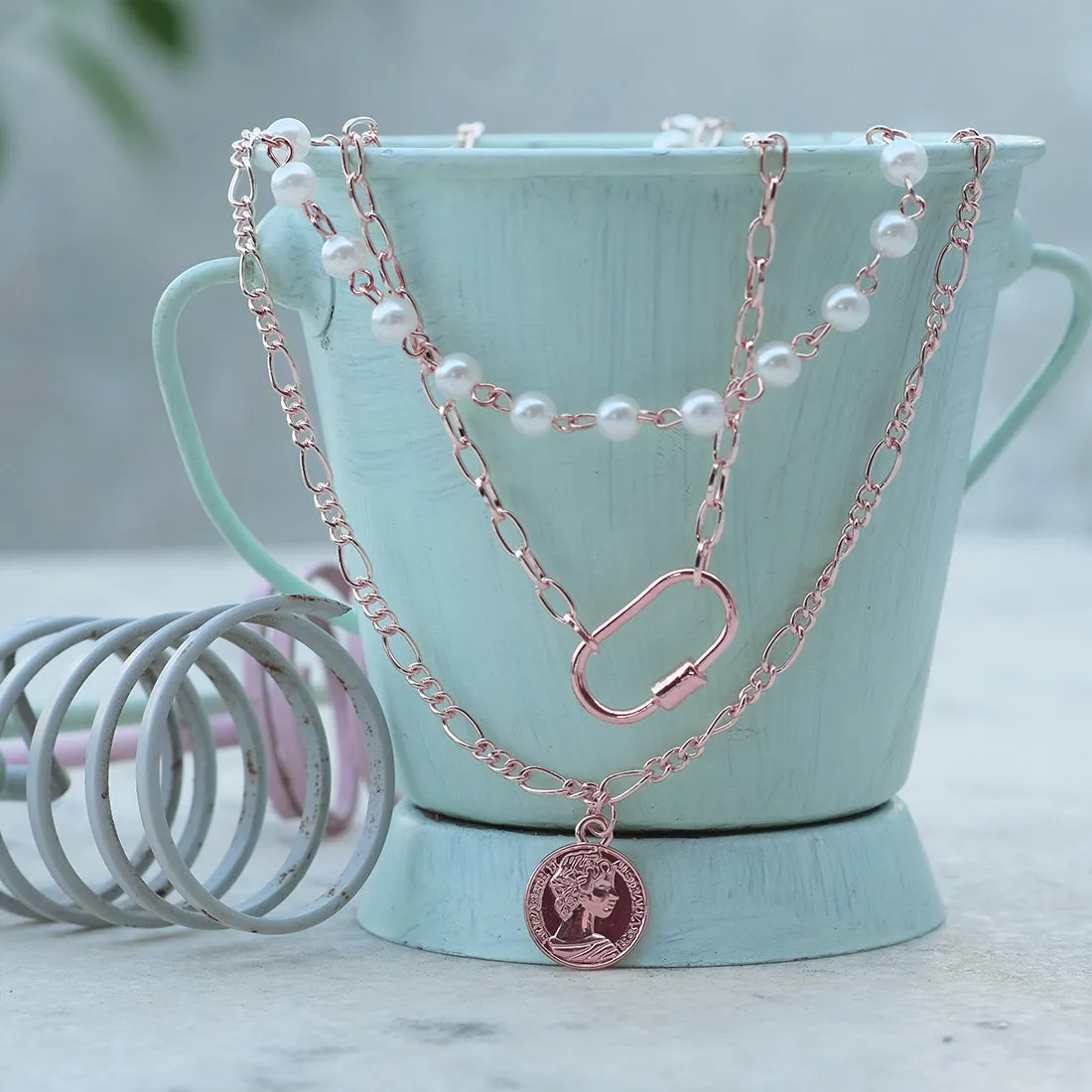CHUNKY COIN PENDANT PEARL STUDDED CHAIN LINK ROSE GOLD-TONED LAYERED NECKLACE