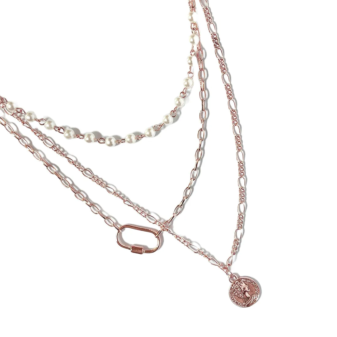 CHUNKY COIN PENDANT PEARL STUDDED CHAIN LINK ROSE GOLD-TONED LAYERED NECKLACE