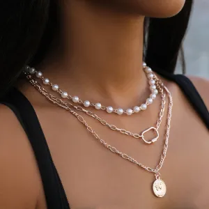 CHUNKY COIN PENDANT PEARL STUDDED CHAIN LINK ROSE GOLD-TONED LAYERED NECKLACE