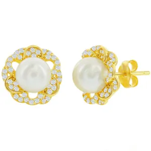 Classic Women's Earrings - Gold Plated CZ Flower with 7mm Round FWP Stud | D-8210