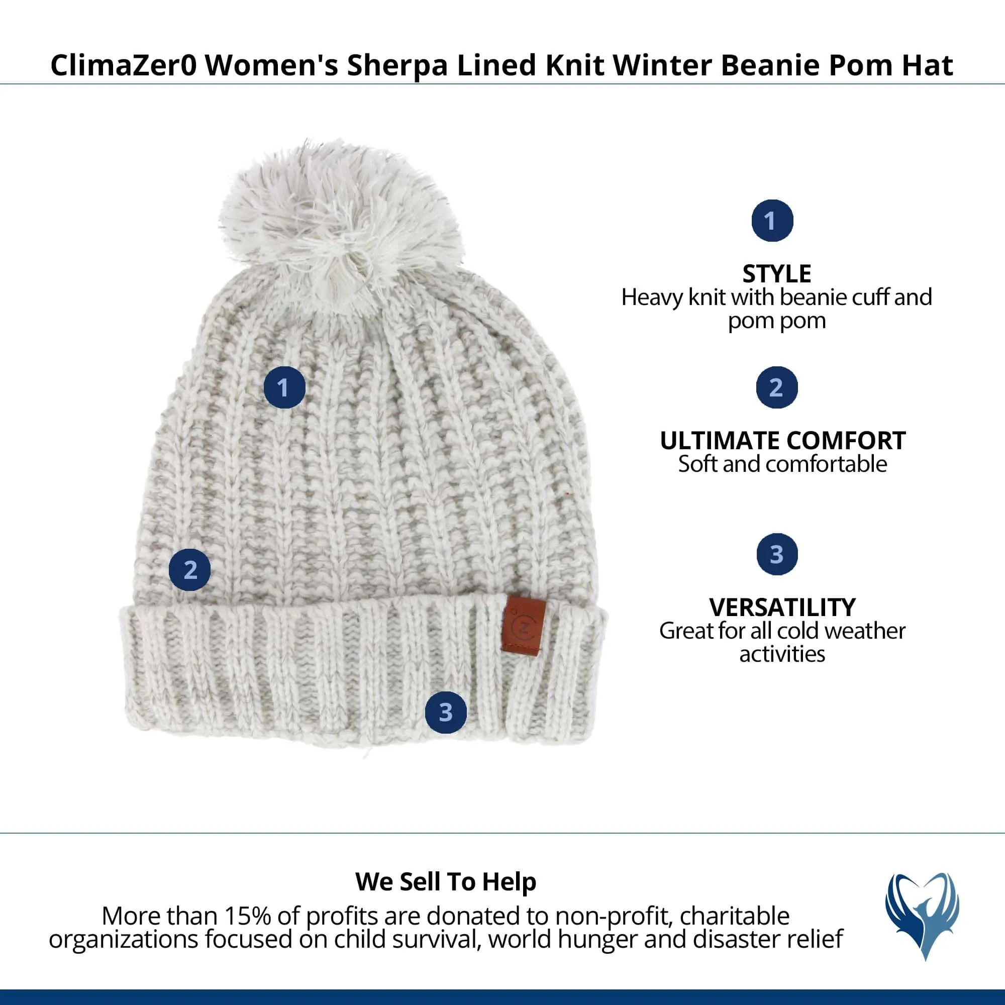 ClimaZer0 Women's Sherpa Lined Knit Winter Beanie Pom Hat