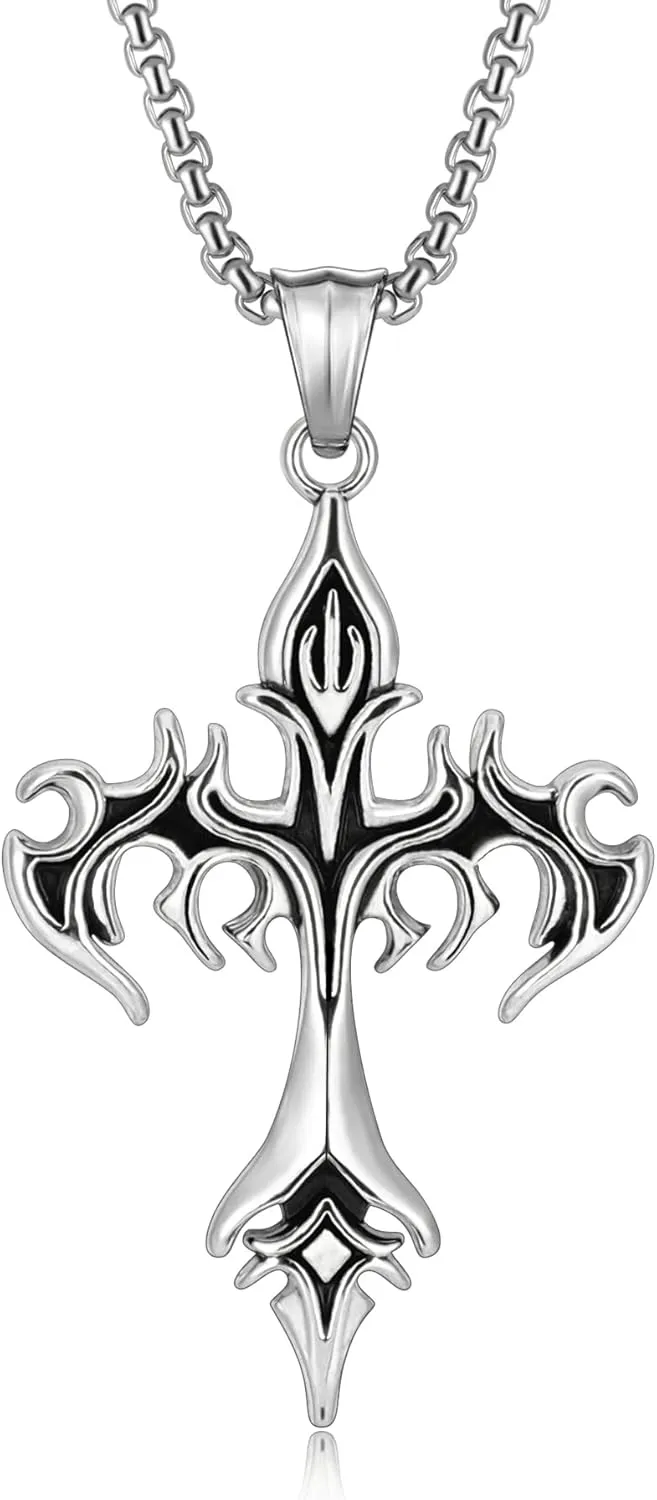 Cross Necklace for Men Silver Cross Chain Stainless Steel Pendant for Women Goth Necklace Gothic Christian Jewelry