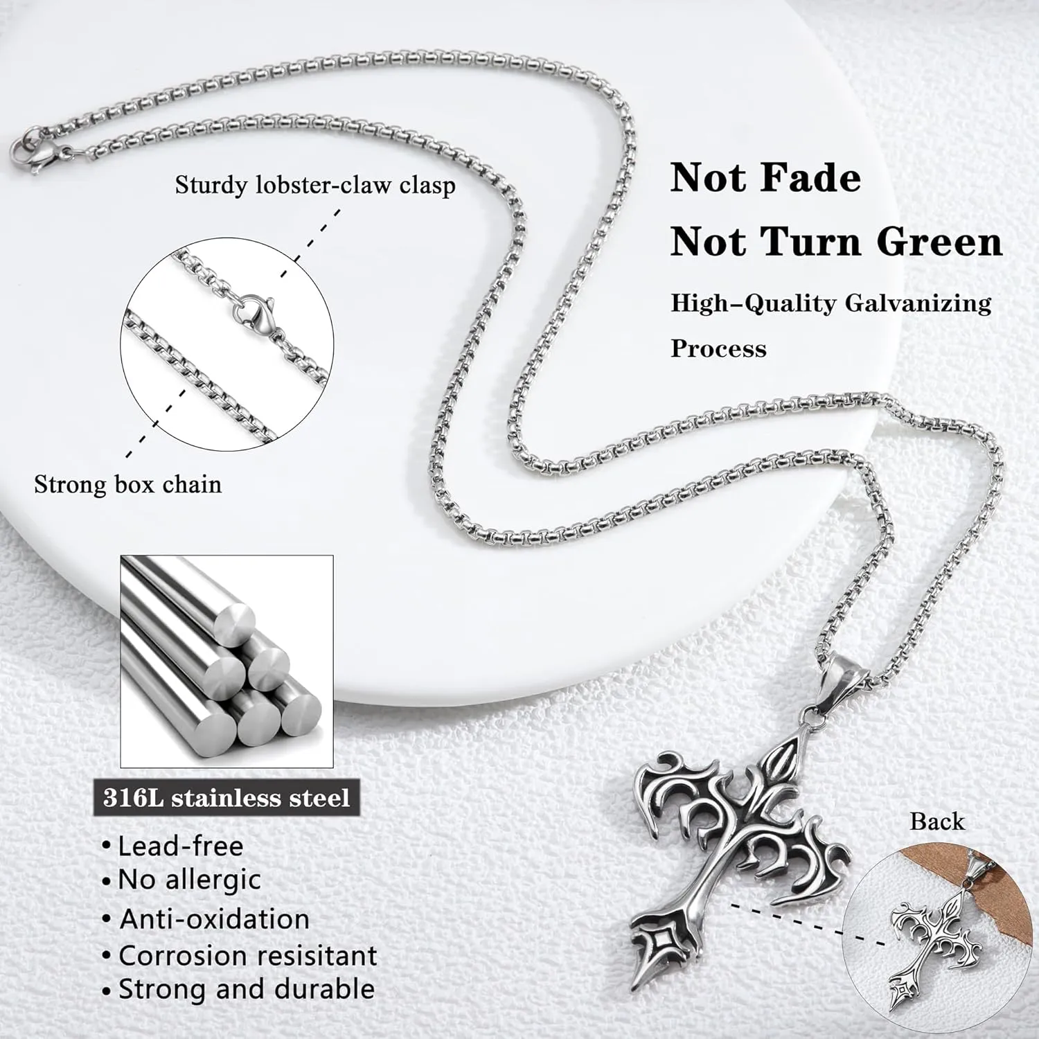 Cross Necklace for Men Silver Cross Chain Stainless Steel Pendant for Women Goth Necklace Gothic Christian Jewelry