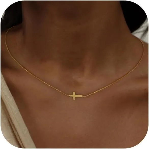 Cross Necklace for Women 14K Real Gold Silver Plated Dainty Small Cross Pendant Choker Simple Trendy Cute Cross Charm Chain Necklace Easter Basket Stuffers Baptism Religious Faith Jewelry Gift