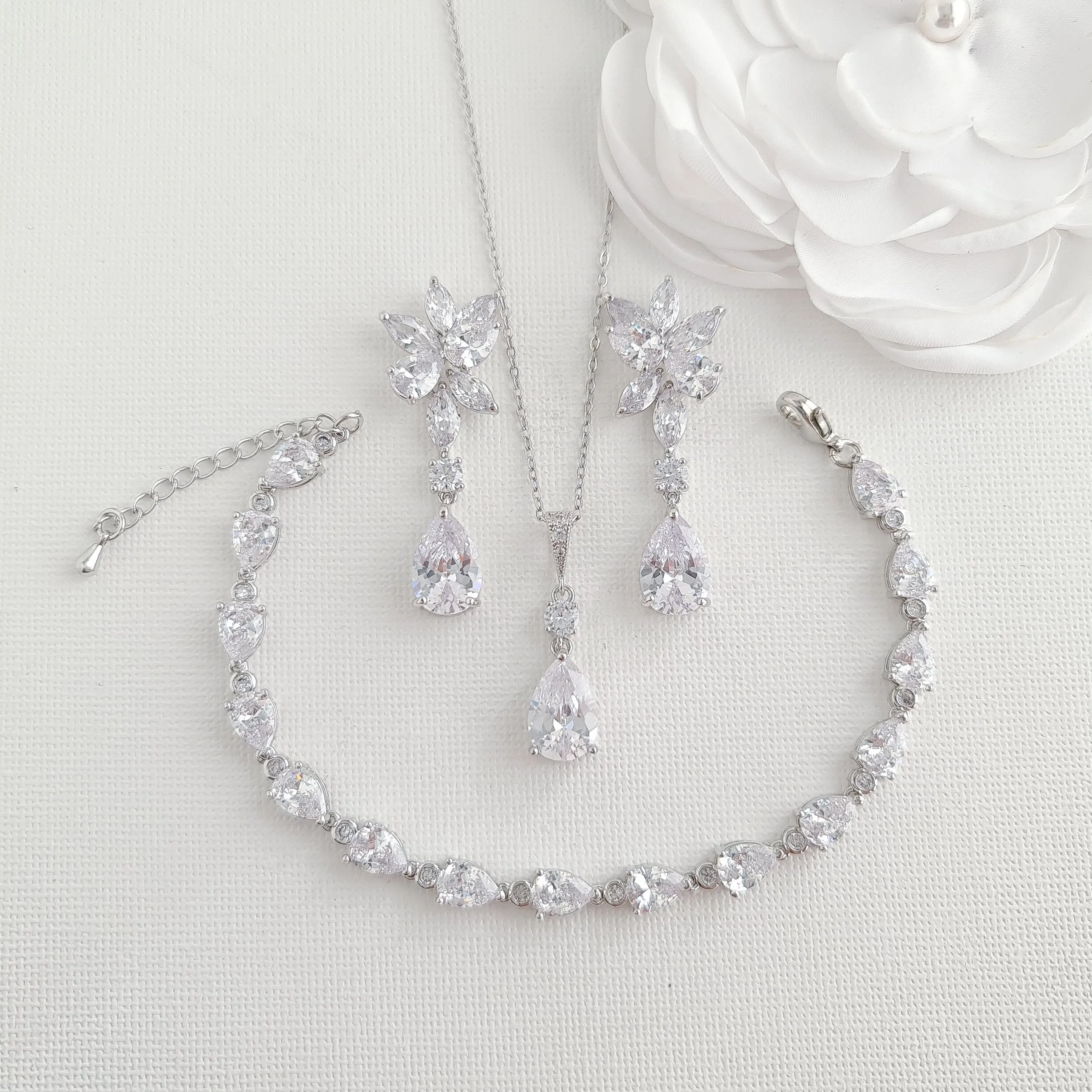 Cubic Zirconia Necklace Earrings Bracelet Set for Wedding-Ivy