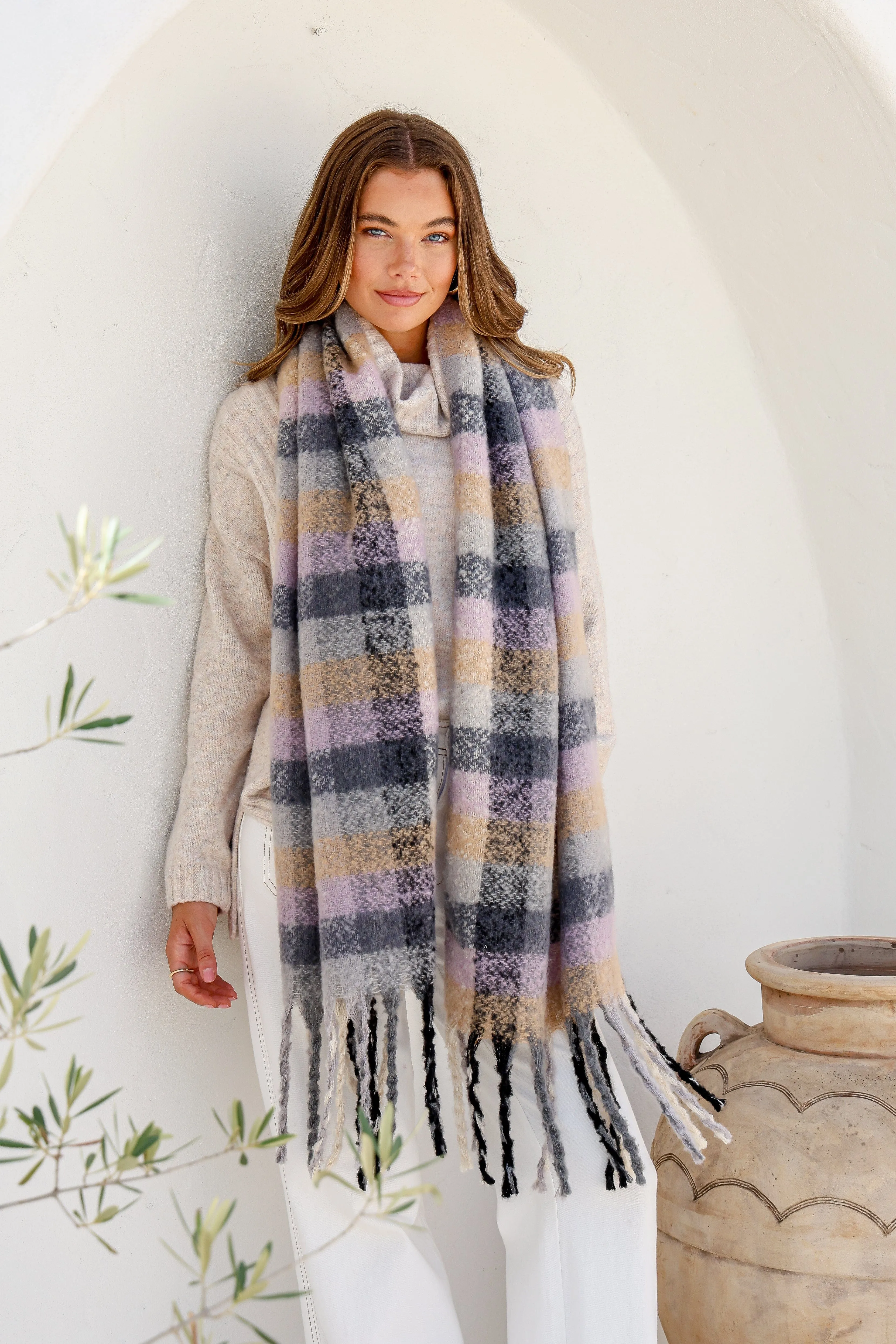 Delilah Chunky Soft Check Scarf - Purple
